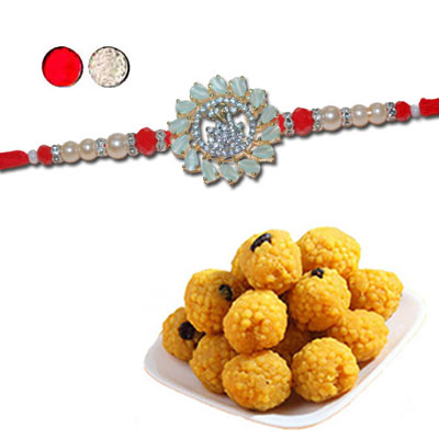 "AMERICAN DIAMOND (AD) RAKHIS -AD 4050 A (Single Rakhi), 500gms of Laddu - Click here to View more details about this Product
